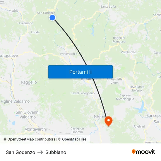 San Godenzo to Subbiano map