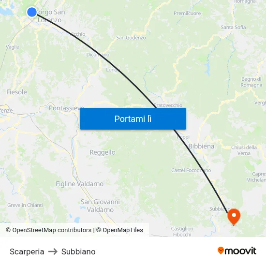 Scarperia to Subbiano map