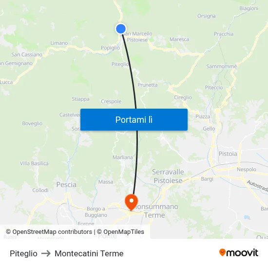 Piteglio to Montecatini Terme map