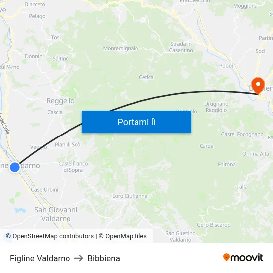Figline Valdarno to Bibbiena map
