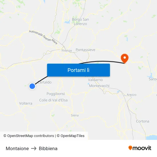 Montaione to Bibbiena map
