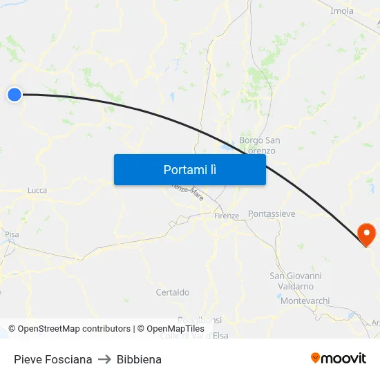 Pieve Fosciana to Bibbiena map