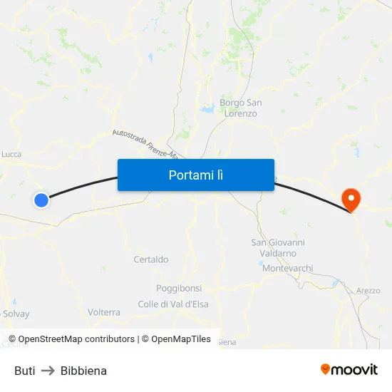 Buti to Bibbiena map