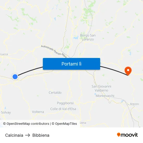 Calcinaia to Bibbiena map