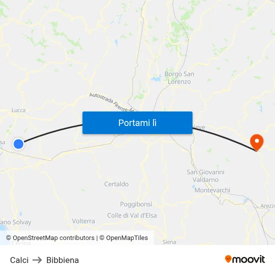 Calci to Bibbiena map