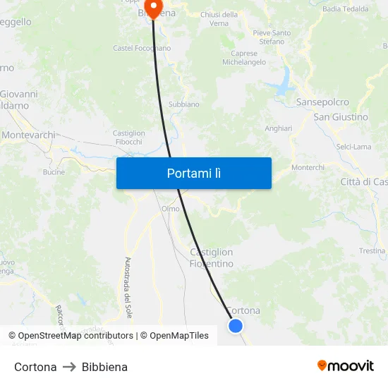 Cortona to Bibbiena map