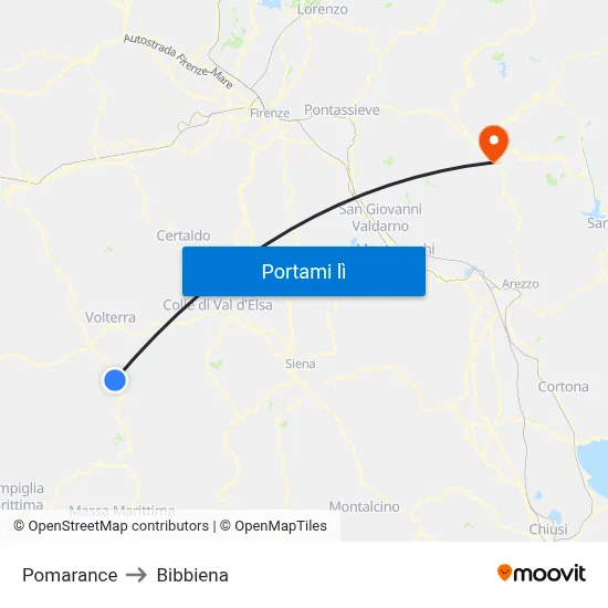 Pomarance to Bibbiena map