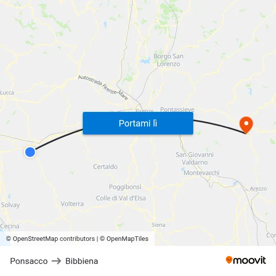 Ponsacco to Bibbiena map
