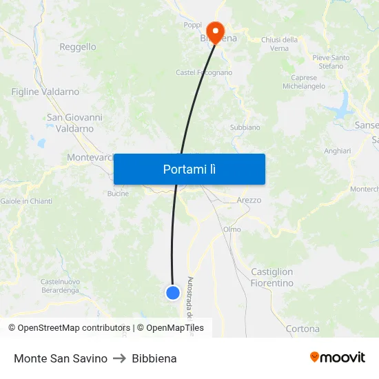 Monte San Savino to Bibbiena map