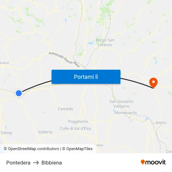 Pontedera to Bibbiena map