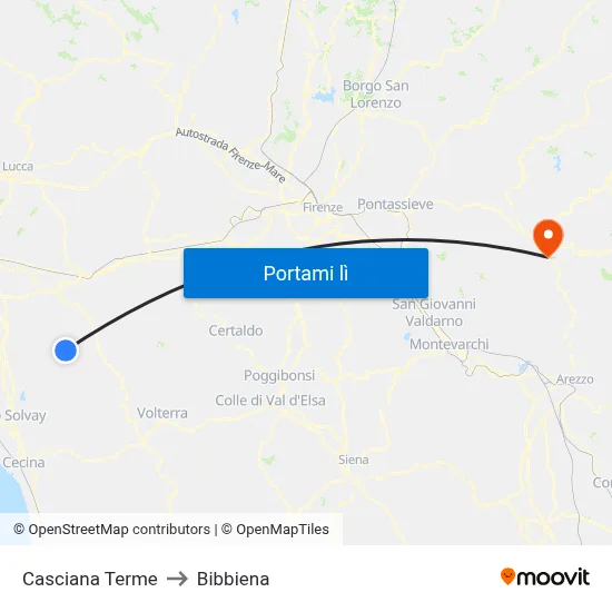 Casciana Terme to Bibbiena map