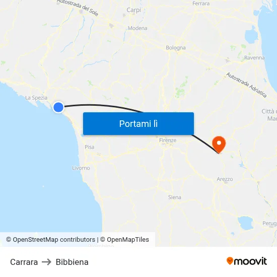 Carrara to Bibbiena map