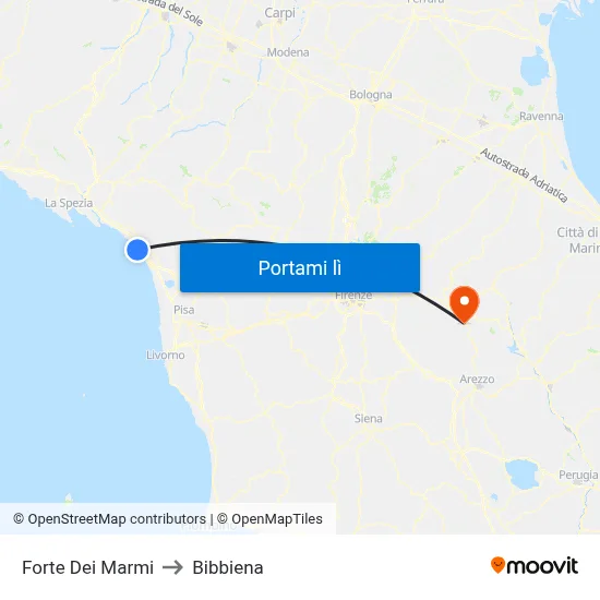 Forte Dei Marmi to Bibbiena map