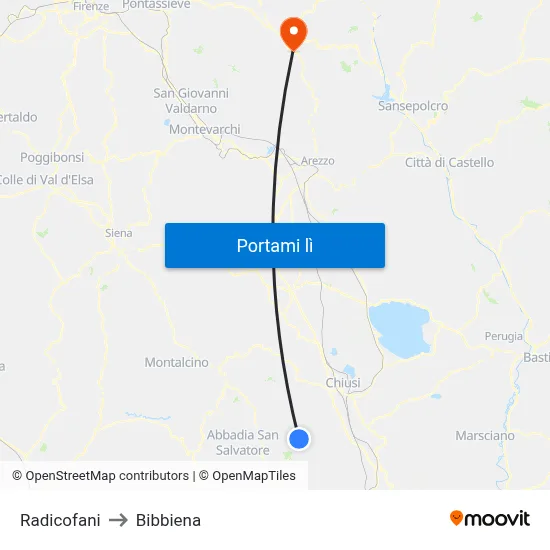 Radicofani to Bibbiena map