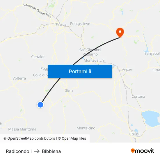 Radicondoli to Bibbiena map