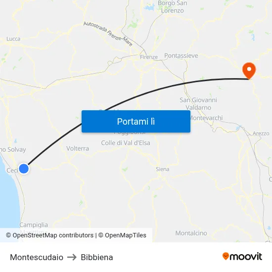 Montescudaio to Bibbiena map