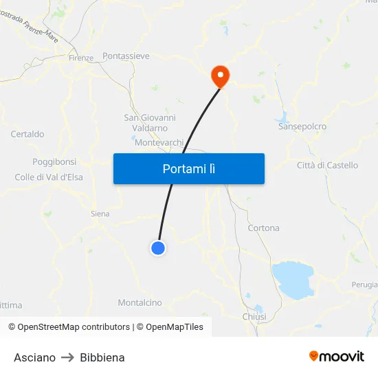 Asciano to Bibbiena map