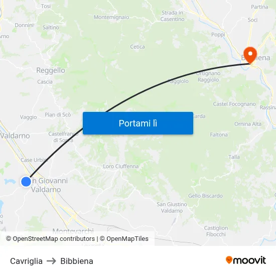 Cavriglia to Bibbiena map