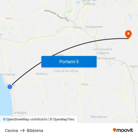 Cecina to Bibbiena map