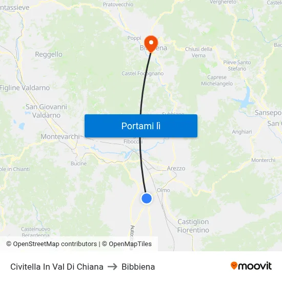 Civitella In Val Di Chiana to Bibbiena map