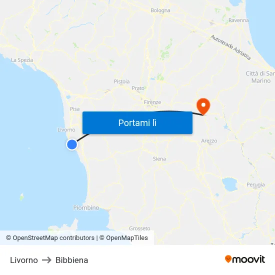 Livorno to Bibbiena map