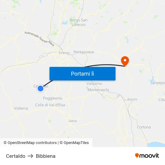 Certaldo to Bibbiena map