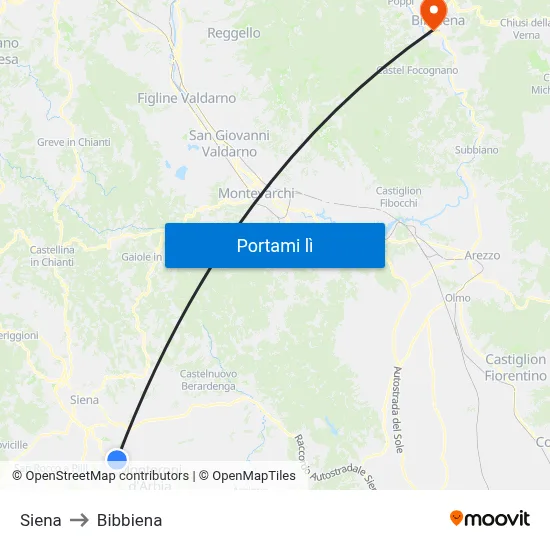 Siena to Bibbiena map