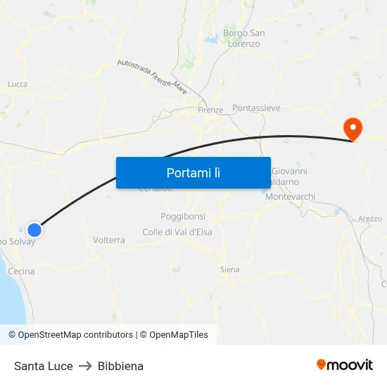 Santa Luce to Bibbiena map