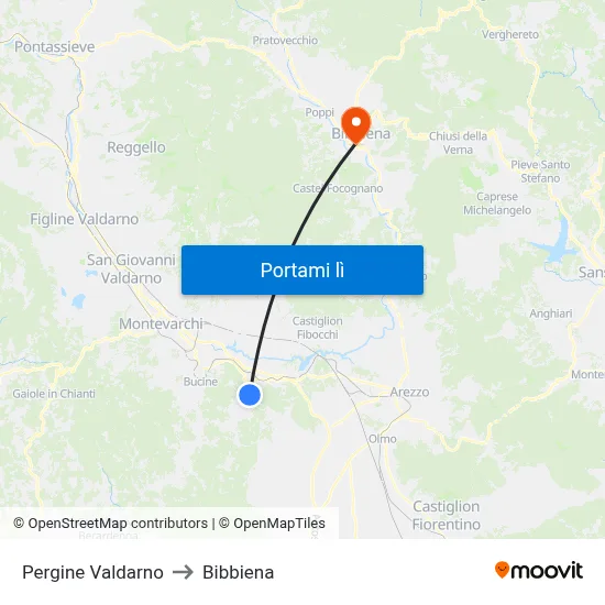 Pergine Valdarno to Bibbiena map