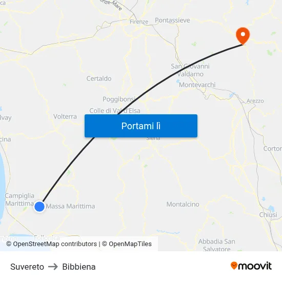 Suvereto to Bibbiena map
