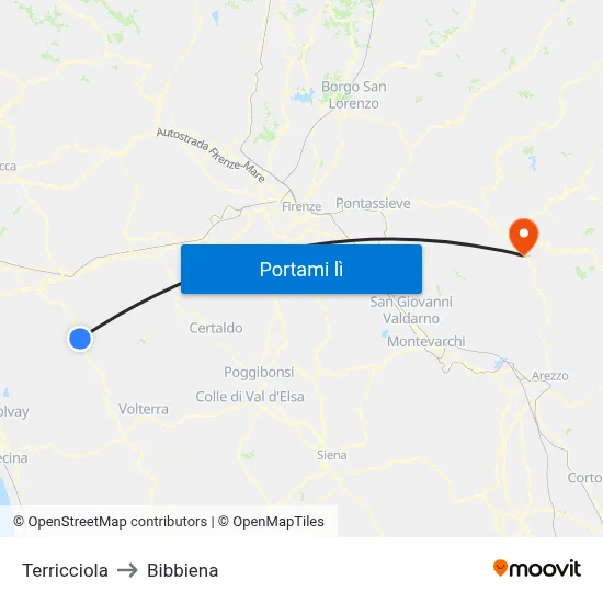 Terricciola to Bibbiena map