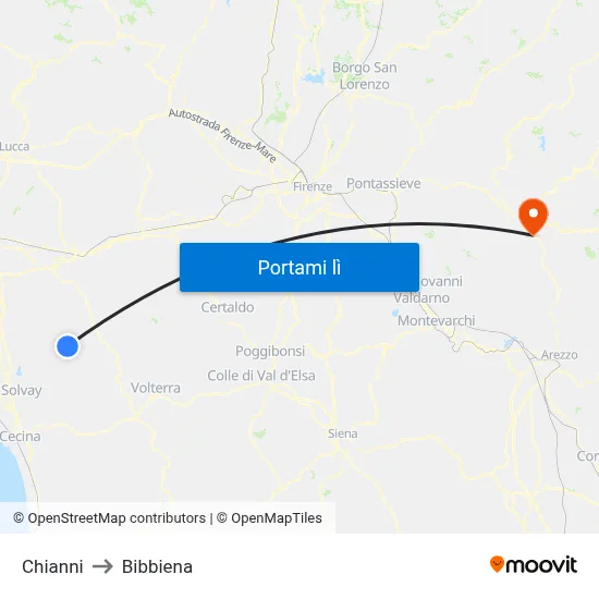 Chianni to Bibbiena map