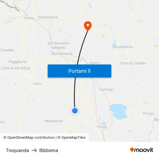 Trequanda to Bibbiena map