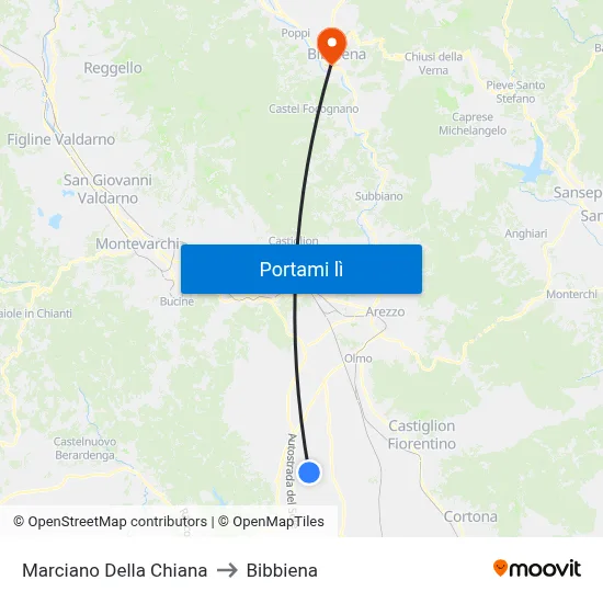 Marciano Della Chiana to Bibbiena map