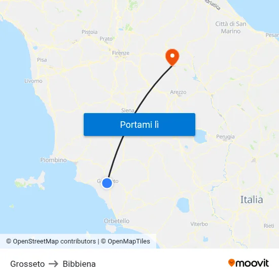 Grosseto to Bibbiena map