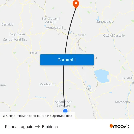 Piancastagnaio to Bibbiena map