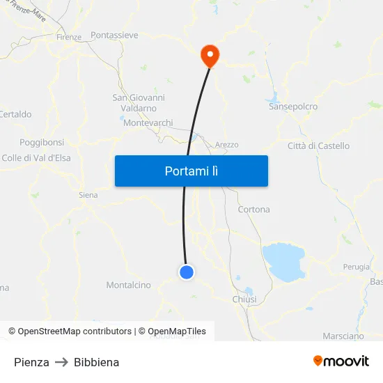 Pienza to Bibbiena map