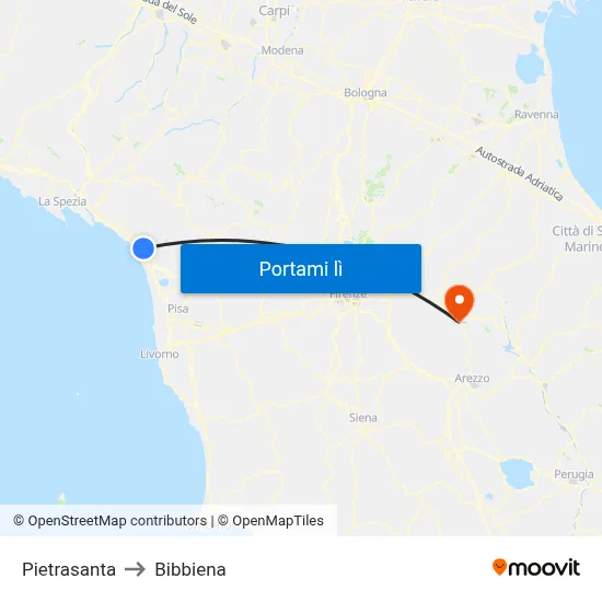 Pietrasanta to Bibbiena map