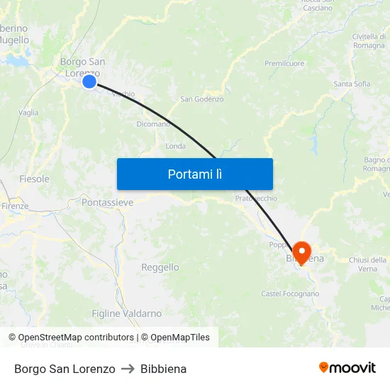 Borgo San Lorenzo to Bibbiena map