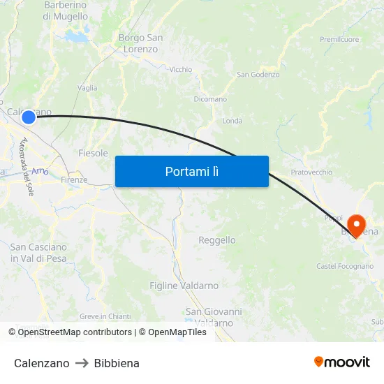 Calenzano to Bibbiena map