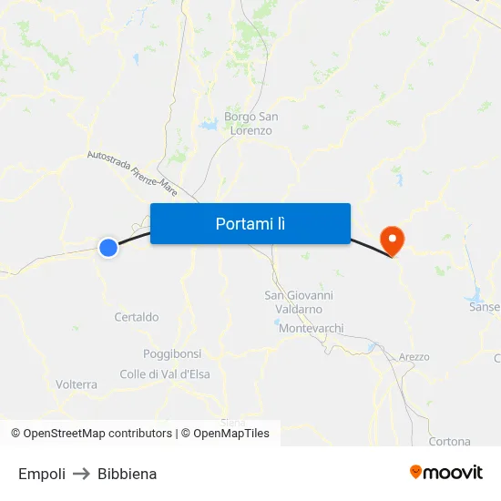 Empoli to Bibbiena map