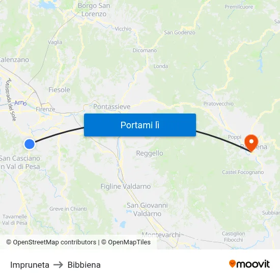 Impruneta to Bibbiena map