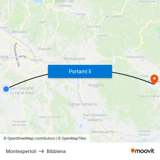 Montespertoli to Bibbiena map