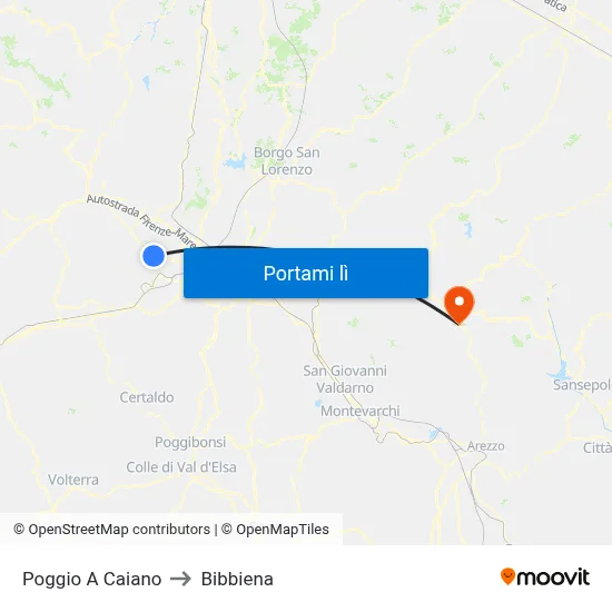 Poggio A Caiano to Bibbiena map