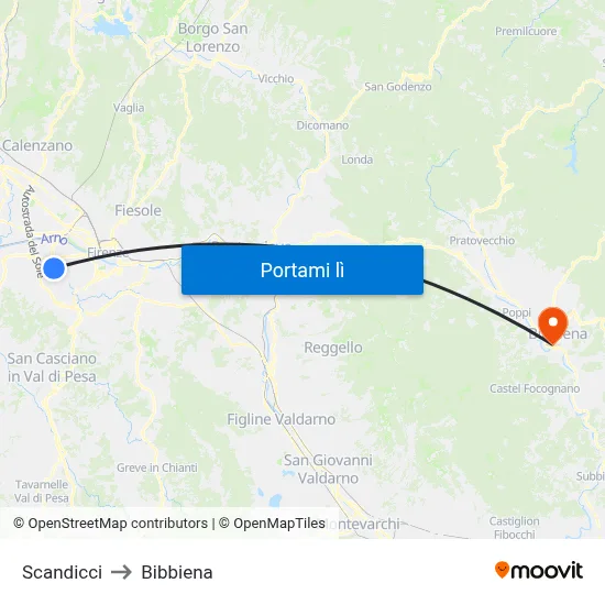 Scandicci to Bibbiena map