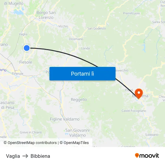 Vaglia to Bibbiena map