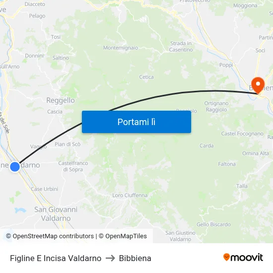 Figline E Incisa Valdarno to Bibbiena map