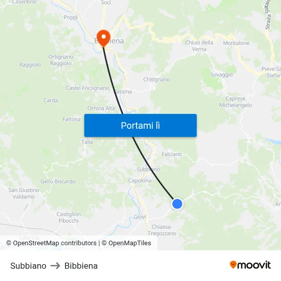 Subbiano to Bibbiena map