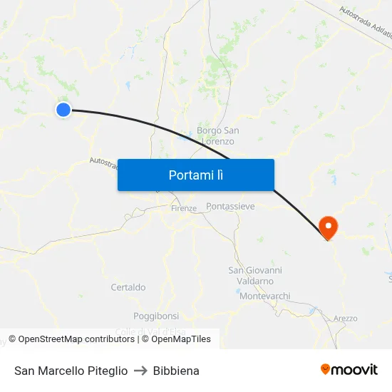 San Marcello Piteglio to Bibbiena map