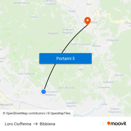 Loro Ciuffenna to Bibbiena map